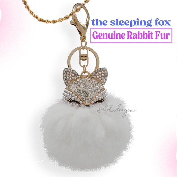 The Sleeping Fox Genuine Rabbit Fur Handbag Purse Charm Keychain Badge Charm - Picture 9 of 14